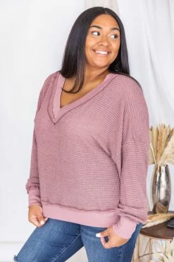 Budget ✔️ Pink Lily Outstanding Memory Berry V-Neck Waffle Knit Pullover ⌛ -lounge-tops shop 175774 12 650x