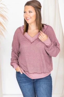 Budget ✔️ Pink Lily Outstanding Memory Berry V-Neck Waffle Knit Pullover ⌛ -lounge-tops shop 175774 2 650x