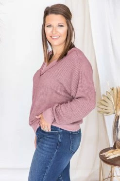 Budget ✔️ Pink Lily Outstanding Memory Berry V-Neck Waffle Knit Pullover ⌛ -lounge-tops shop 175774 7 650x