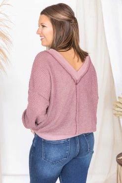 Budget ✔️ Pink Lily Outstanding Memory Berry V-Neck Waffle Knit Pullover ⌛ -lounge-tops shop 175774 8 650x