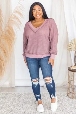 Budget ✔️ Pink Lily Outstanding Memory Berry V-Neck Waffle Knit Pullover ⌛ -lounge-tops shop 175774 9 650x