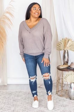 Cheapest ✨ Pink Lily Outstanding Memory Mocha V-Neck Waffle Knit Pullover FINAL SALE ⌛ -lounge-tops shop 175778 10 650x