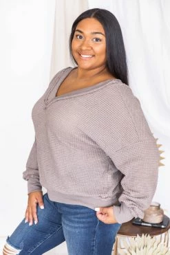 Cheapest ✨ Pink Lily Outstanding Memory Mocha V-Neck Waffle Knit Pullover FINAL SALE ⌛ -lounge-tops shop 175778 12 650x