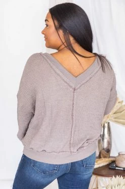 Cheapest ✨ Pink Lily Outstanding Memory Mocha V-Neck Waffle Knit Pullover FINAL SALE ⌛ -lounge-tops shop 175778 1 650x