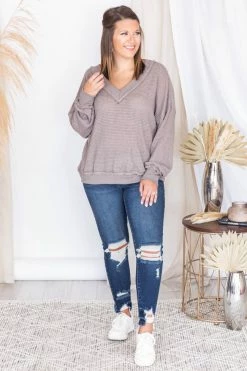 Cheapest ✨ Pink Lily Outstanding Memory Mocha V-Neck Waffle Knit Pullover FINAL SALE ⌛ -lounge-tops shop 175778 3 650x