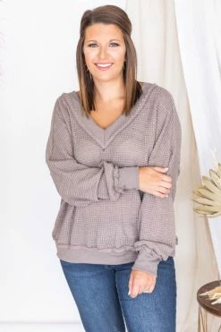 Cheapest ✨ Pink Lily Outstanding Memory Mocha V-Neck Waffle Knit Pullover FINAL SALE ⌛ -lounge-tops shop 175778 4 650x