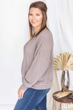 Cheapest ✨ Pink Lily Outstanding Memory Mocha V-Neck Waffle Knit Pullover FINAL SALE ⌛ -lounge-tops shop 175778 8 650x