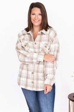 Best deal 🎁 Pink Lily Destination Trip Beige Plaid Shacket ❤️ -lounge-tops shop 177040 3 650x