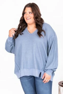 Coupon 🧨 Pink Lily Since You've Been Gone Blue Waffle Knit V-Neck Sweater 💯 -lounge-tops shop 177342 3 650x