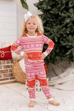 Best deal ๐ Pink Lily Light Up Your World Kids Pink/Red Fair Isle Pajama Set FINAL SALE โ๏ธ
