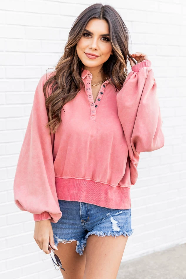 Budget 😉 Pink Lily You And Me Mauve Acid Wash Button Up Pullover 😀 - Image 4