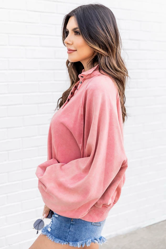 Budget 😉 Pink Lily You And Me Mauve Acid Wash Button Up Pullover 😀 - Image 6