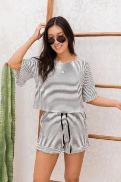 Wholesale 🔥 Pink Lily Reward Yourself White/Black Striped Flutter Sleeve Blouse FINAL SALE 🛒