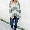 Cheapest ⭐ Pink Lily Know You Best Sage Oversized Striped Henley Sweater 🌟