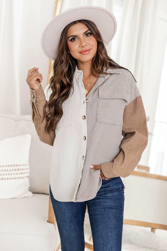 Best deal 🧨 Pink Lily On The Way Brown Colorblock Corduroy Shacket 👏 - Image 2