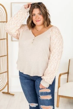 Cheapest 🥰 Pink Lily Can't Forget You Tan Contrast Marled Sleeve Henley Top ⌛ -lounge-tops shop 184180 6 650x
