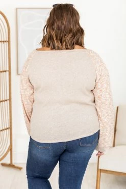 Cheapest 🥰 Pink Lily Can't Forget You Tan Contrast Marled Sleeve Henley Top ⌛ -lounge-tops shop 184180 8 650x