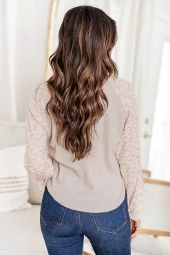 Cheapest 🥰 Pink Lily Can't Forget You Tan Contrast Marled Sleeve Henley Top ⌛ -lounge-tops shop 184180 cantforgetyou 156498 chelsiedark 4 650x