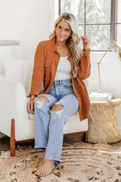 Best deal 🌟 Pink Lily Winding Autumn Roads Rust Brushed Ribbed Shacket FINAL SALE ✔️