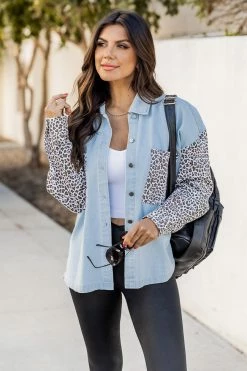 Top 10 🎉 Pink Lily Pushing The Limit Chambray And Leopard Print Shacket 🔥