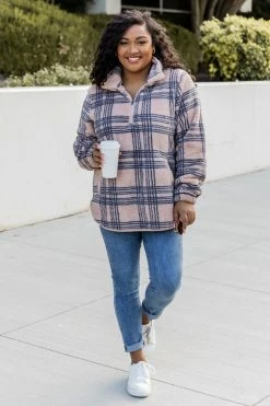 Cheap ❤️ Pink Lily Stay A While Longer Beige Plaid Sherpa Pullover 🧨 -lounge-tops shop 185452 3 650x