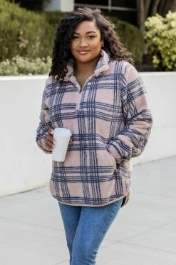 Cheap ❤️ Pink Lily Stay A While Longer Beige Plaid Sherpa Pullover 🧨 -lounge-tops shop 185452 4 650x