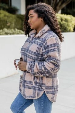 Cheap ❤️ Pink Lily Stay A While Longer Beige Plaid Sherpa Pullover 🧨 -lounge-tops shop 185452 6 650x