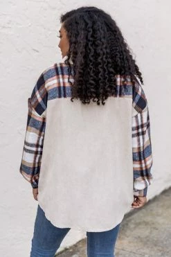 Best deal ✨ Pink Lily Talking My Language Navy Plaid Sleeve Shacket 🥰 -lounge-tops shop 185454 1 650x