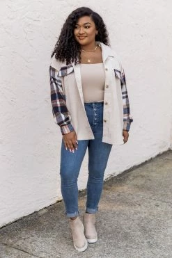 Best deal ✨ Pink Lily Talking My Language Navy Plaid Sleeve Shacket 🥰 -lounge-tops shop 185454 3 650x