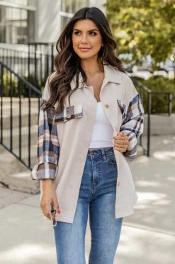 Best deal ✨ Pink Lily Talking My Language Navy Plaid Sleeve Shacket 🥰