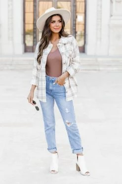 Best deal 🎁 Pink Lily Destination Trip Beige Plaid Shacket ❤️