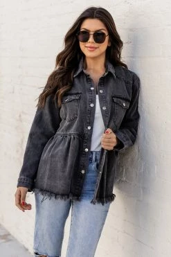 Wholesale 😍 Pink Lily Nothing To Gain Black Distressed Denim Peplum Jacket ⭐