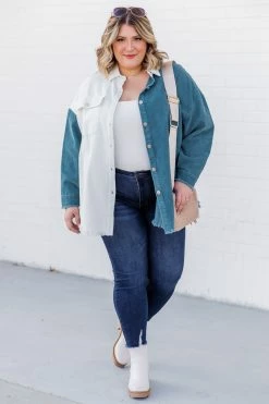 Best deal 💯 Pink Lily Ring My Bell Blue Colorblock Frayed Hem Shacket 😀 -lounge-tops shop 185852 2 650x