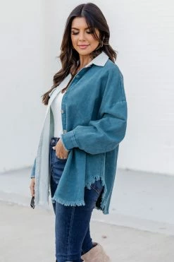 Best deal 💯 Pink Lily Ring My Bell Blue Colorblock Frayed Hem Shacket 😀 -lounge-tops shop 185852 8 650x