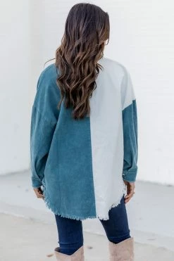 Best deal 💯 Pink Lily Ring My Bell Blue Colorblock Frayed Hem Shacket 😀 -lounge-tops shop 185852 9 650x