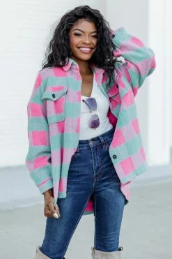 Wholesale 🎁 Pink Lily In The Mix Mint And Pink Plaid Shacket ⭐ -lounge-tops shop 186544 18 650x