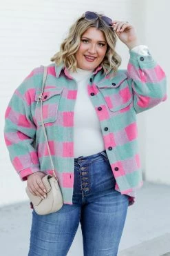 Wholesale 🎁 Pink Lily In The Mix Mint And Pink Plaid Shacket ⭐