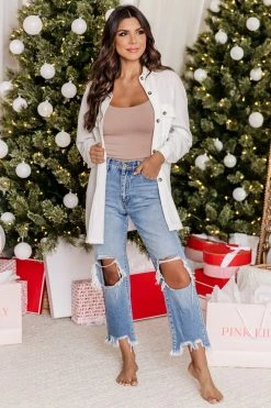 Best Pirce 👍 Pink Lily Believe The Truth Ivory Ribbed Shacket ✔️