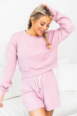 Best deal 🔔 Pink Lily Why Not Mauve Cropped Cord Lounge Pullover ✔️ -lounge-tops shop 1K0A1364 650x