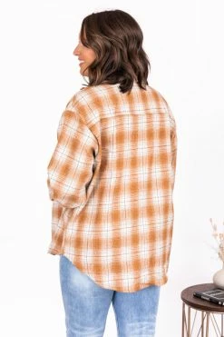 Wholesale ⌛ Pink Lily Good Timing Rust Plaid Shacket 💯 -lounge-tops shop 4W3A7390 650x