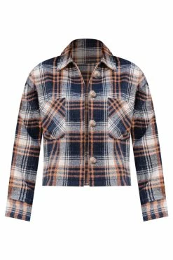 Hot Sale 🧨 Pink Lily According To Him Navy Cropped Plaid Shacket FINAL SALE 🔔 -lounge-tops shop AccordingToHimNavyCroppedPlaidShacket 650x