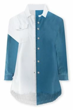 Best deal 💯 Pink Lily Ring My Bell Blue Colorblock Frayed Hem Shacket 😀 -lounge-tops shop RingMyBellBlueColorblockFrayedHemShacket 650x